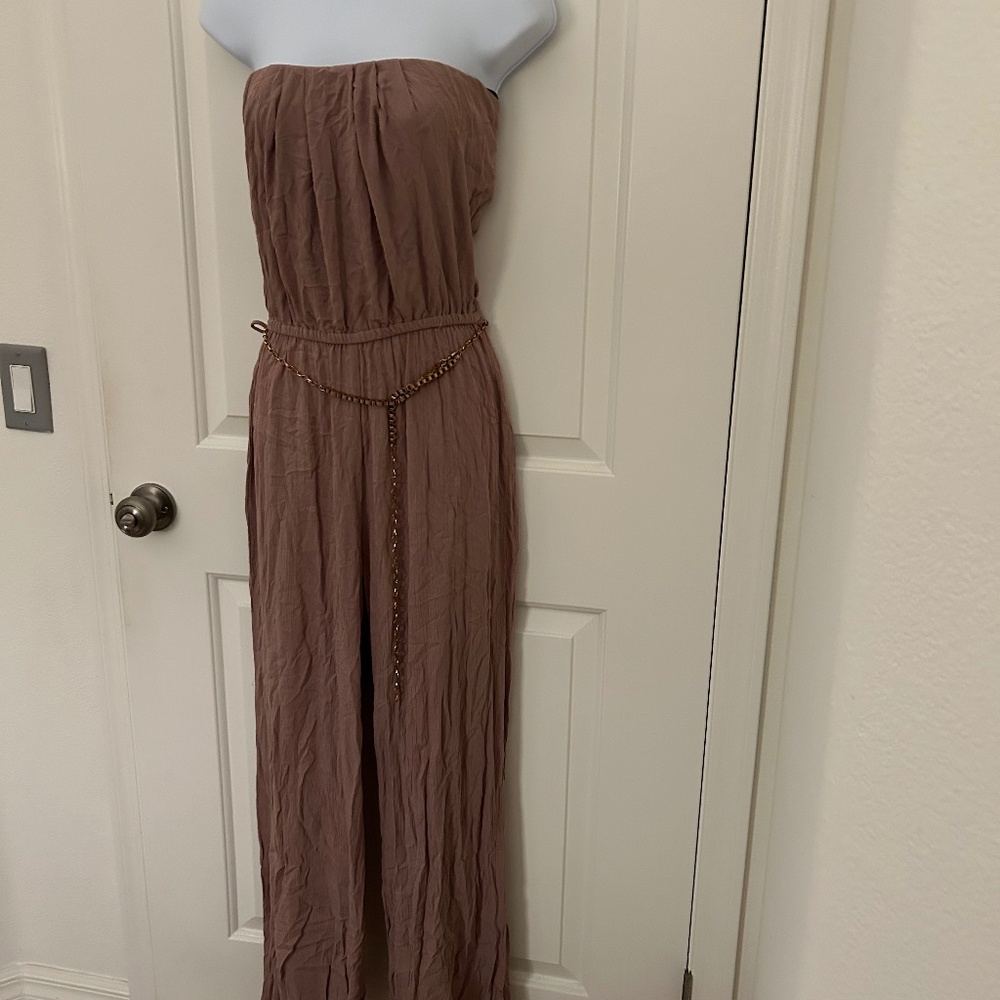 Papaya Beige/Cream Strapless Jumpsuit with chain around waistband- Size Large